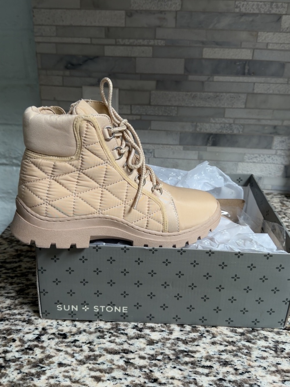 Sun + Stone Quilted Lace-Up Ankle Boots in Beige